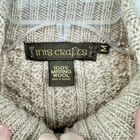 cardigan sweater 100% wool zip up cable knit made in ireland ivory M - Picture 5 of 5